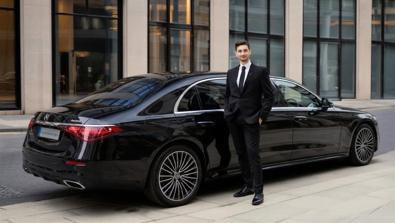 Professional chauffeur standing beside a premium black vehicle