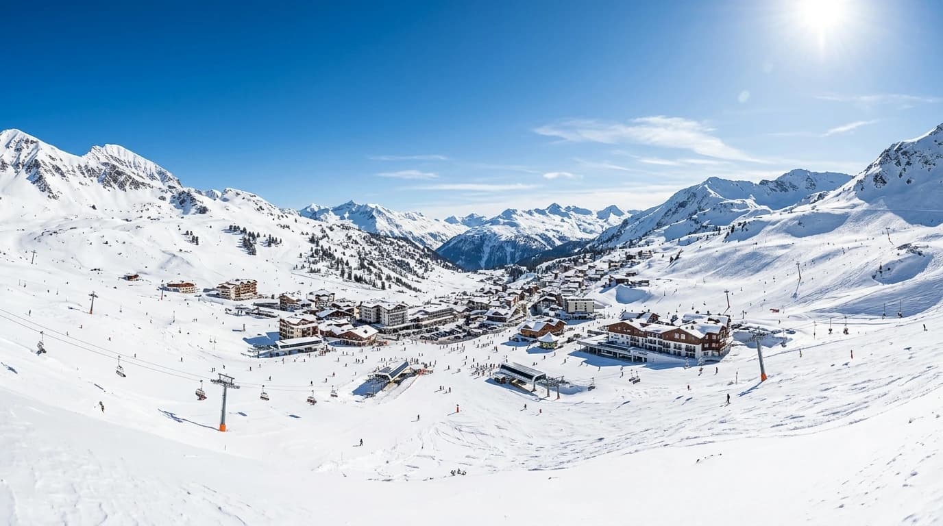 Snow-covered Obertauern ski resort surrounded by high Alpine peaks