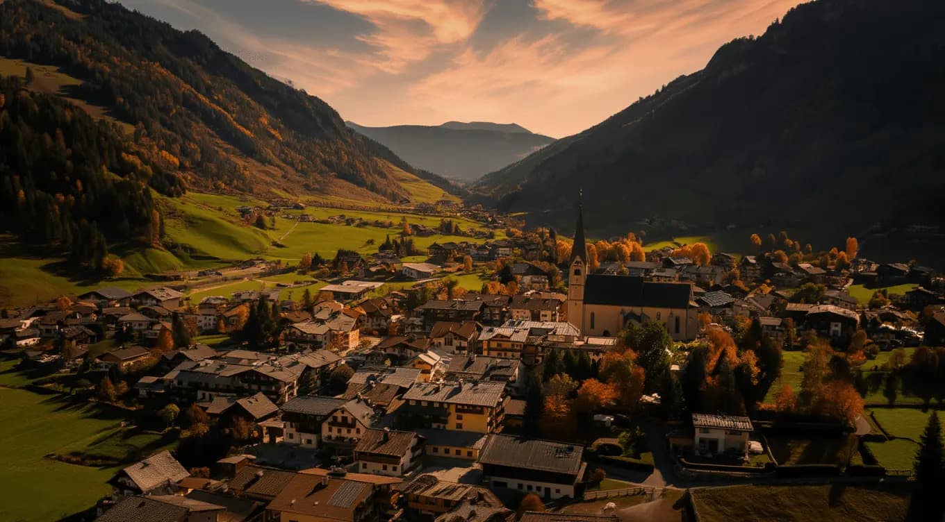 Rauris village in an Alpine valley within Hohe Tauern National Park