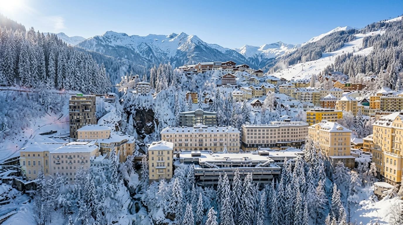 Snow-covered Bad Gastein with historic hotels and waterfall gorge